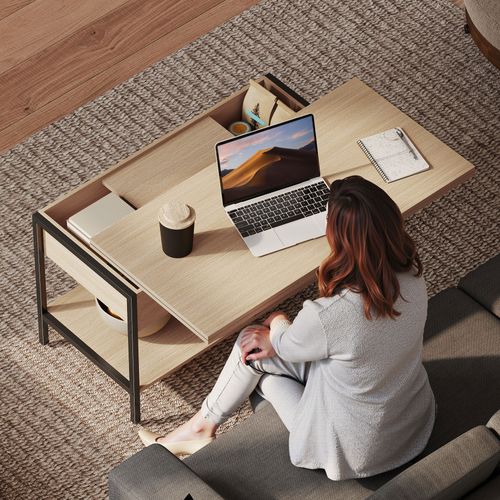 Table Basse Relevable Extensible Double Plateau Multi-rangement Effet Bois