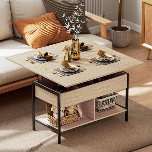 Table Basse Relevable Extensible Double Plateau Multi-rangement Effet Bois
