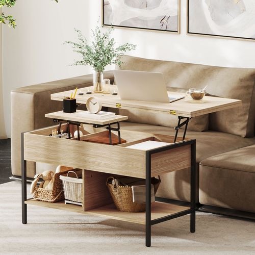 Table Basse Relevable Extensible Double Plateau Multi-rangement Effet Bois