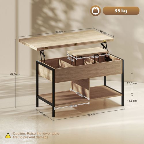 Table Basse Relevable Extensible Double Plateau Multi-rangement Effet Bois