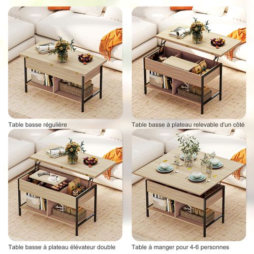 Table Basse Relevable Extensible Double Plateau Multi-rangement Effet Bois