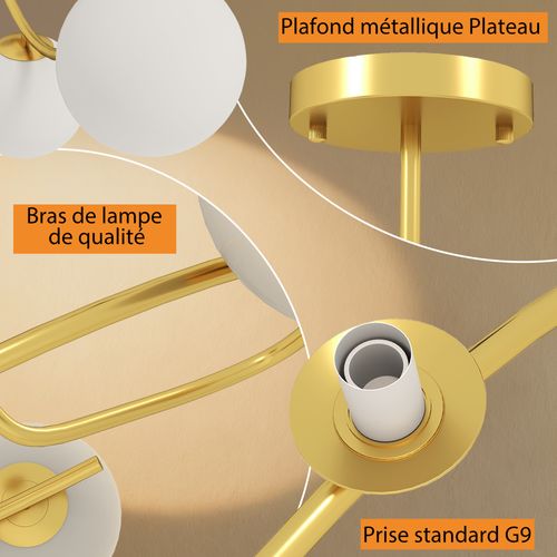 Plafonnier Design Néo-rétro 5 Globes Verre Blanc Opaque Métal Doré