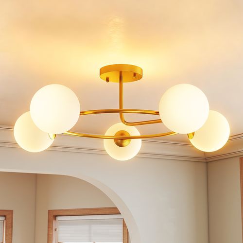 Plafonnier Design Néo-rétro 5 Globes Verre Blanc Opaque Métal Doré