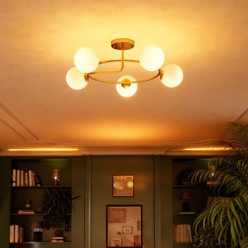 Plafonnier Design Néo-rétro 5 Globes Verre Blanc Opaque Métal Doré