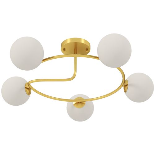 Plafonnier Design Néo-rétro 5 Globes Verre Blanc Opaque Métal Doré