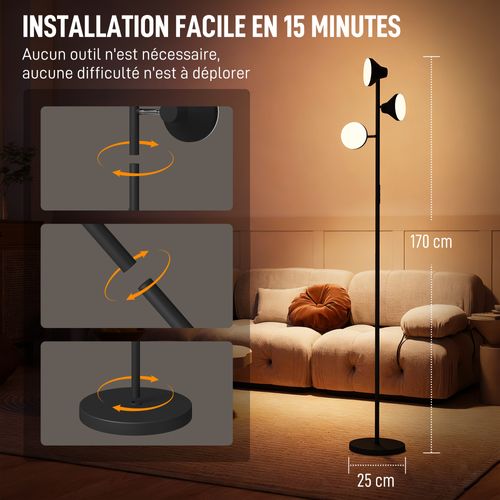 Lampadaire LED Rgb 36w 3 Têtes Rotatives Intensité Variable Télécommande