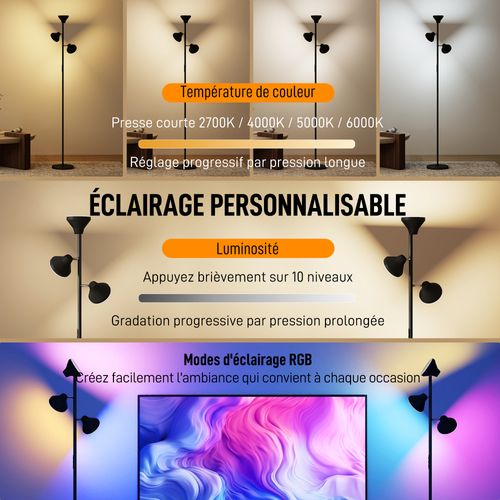Lampadaire LED Rgb 36w 3 Têtes Rotatives Intensité Variable Télécommande