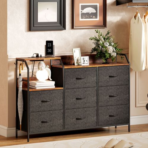 Commode 8 Tiroirs Non Tissés Anthracite Acier Noir Effet Bois Vieilli