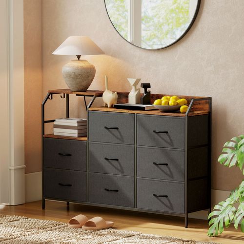 Commode 8 Tiroirs Non Tissés Anthracite Acier Noir Effet Bois Vieilli