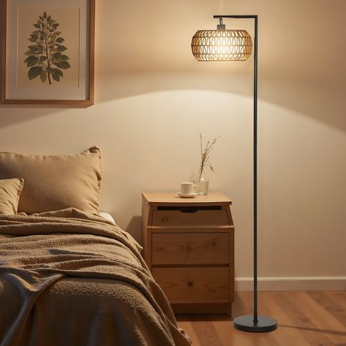 Lampadaire Sur Pied Style Bohème H.170cm Métal Noir Tissu Tressé