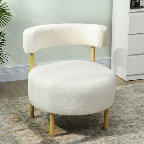Fauteuil Style Nordique Bouclette Crème Assise Ronde Dossier Ajouré Bois