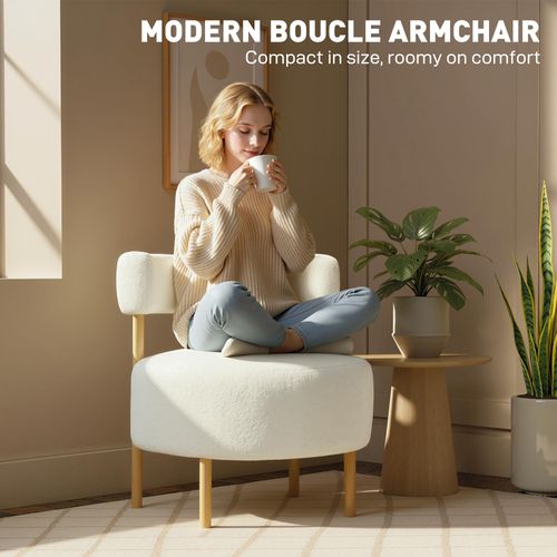 Fauteuil Style Nordique Bouclette Crème Assise Ronde Dossier Ajouré Bois