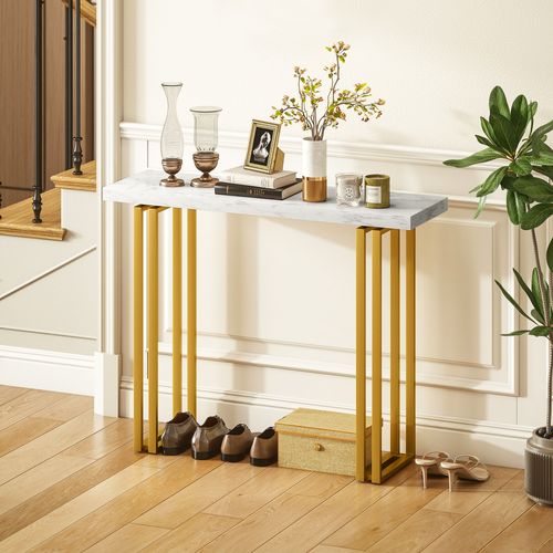 Console Design Art Déco Acier Doré Effet Marbre Blanc