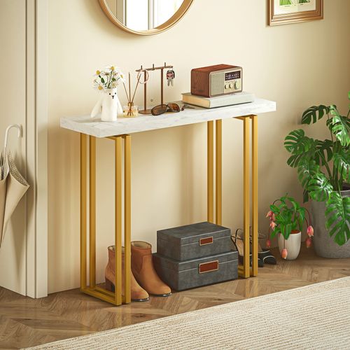 Console Design Art Déco Acier Doré Effet Marbre Blanc