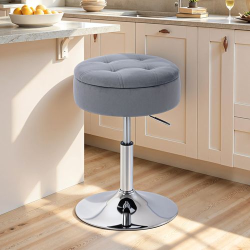 Tabouret De Bar Design Velours Acier Chromé Réglable H.49-65 Cm Gris