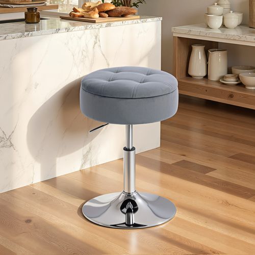 Tabouret De Bar Design Velours Acier Chromé Réglable H.49-65 Cm Gris