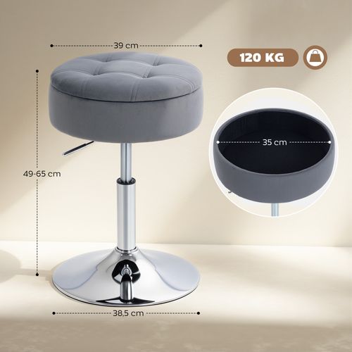 Tabouret De Bar Design Velours Acier Chromé Réglable H.49-65 Cm Gris