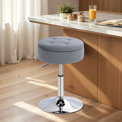 Tabouret De Bar Design Velours Acier Chromé Réglable H.49-65 Cm Gris