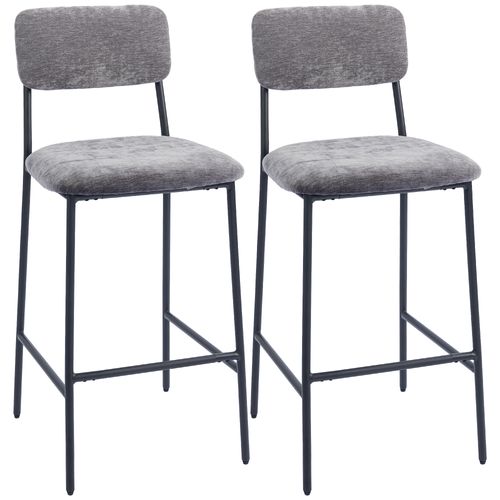Lot De 2 Tabourets De Bar Style Vintage Acier Noir Tissu Chenille Gris