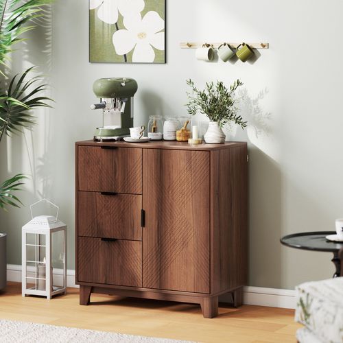 Buffet Design Graphique Effet Bois Foncé Noyer 3 Tiroirs Porte Étagère