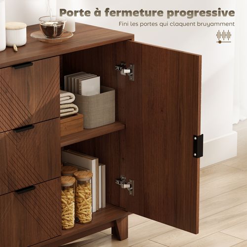 Buffet Design Graphique Effet Bois Foncé Noyer 3 Tiroirs Porte Étagère