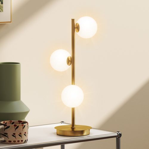 Lampadaire Style Néo-rétro Métal Effet Laiton 3 Abat-jours Globe Verre Dépoli Blanc