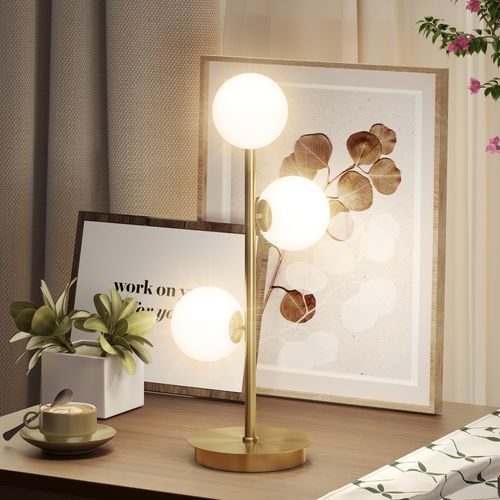 Lampadaire Style Néo-rétro Métal Effet Laiton 3 Abat-jours Globe Verre Dépoli Blanc