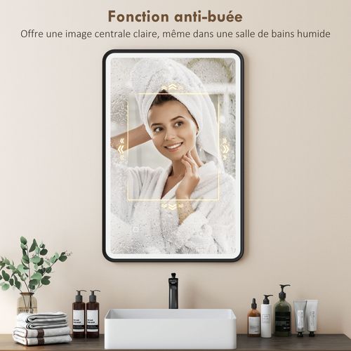 Miroir Mural LED Tactile Réglable 44w Fonction Antibuée 60 X 90 Cm Alu Noir