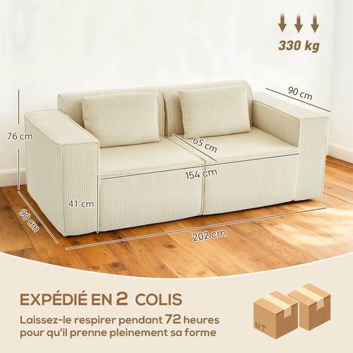 Canapé 3 Places Gros Côtelé Doux L.202 X P.90 X H.76 Cm 2 Coussins Beige
