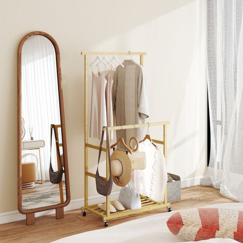 Portant Bois Bambou Naturel Verni - Penderie Mobile Double Barre Et Étagère