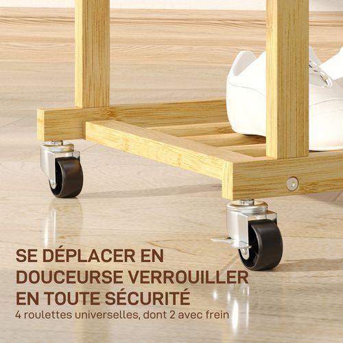 Portant Bois Bambou Naturel Verni - Penderie Mobile Double Barre Et Étagère