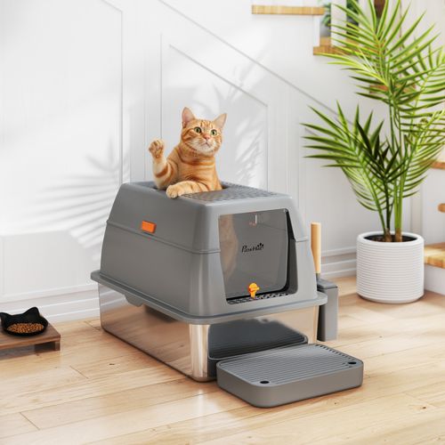 Maison De Toilette Bac à Litière Fermé Acier Inox Gris