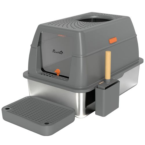 Maison De Toilette Bac à Litière Fermé Acier Inox Gris