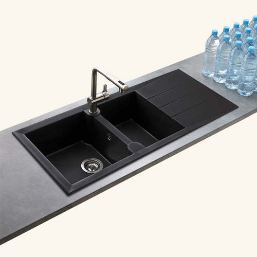 Évier Résine Noir Moucheté Tunia 2 Bacs 1 Égouttoir