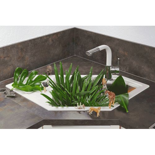 Évier D'angle Granit Blanc Lokti 1 Bac Et Demi - 1 Égouttoir