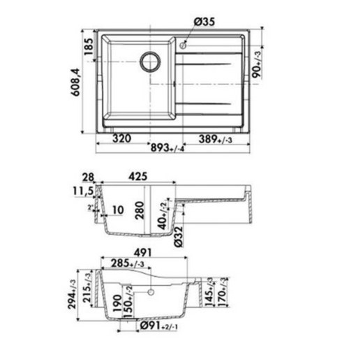 Évier Timbre D'office Granit Blanc Grisé Mat Kümbad Terry 1 Bac 1 Égouttoir à Droite -