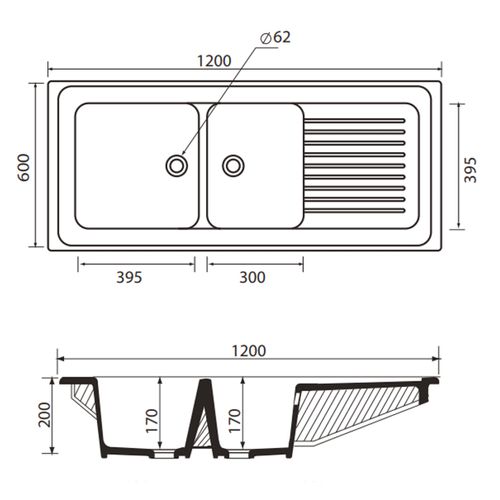 Evier Céramique Blanc Ewi Irène à Poser 2 Bacs 1 Égouttoir