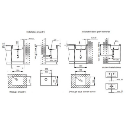 Évier Résine Blanc Zak 1 Bac 540x440