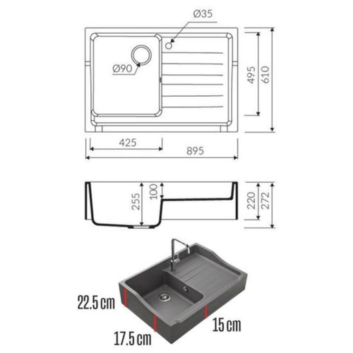 Évier Timbre D'office Granit Noir Kümbad Tamarin 1 Bac 1 Égouttoir