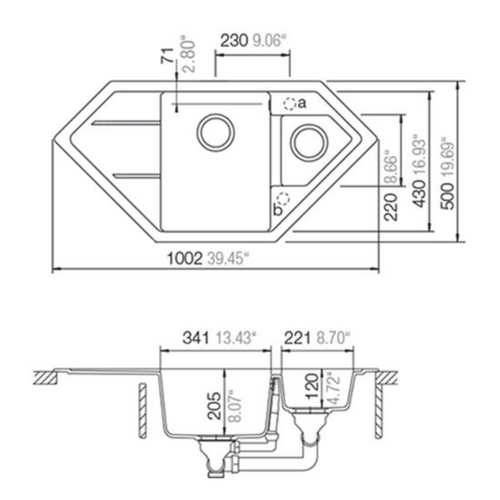 Évier D'angle Granit Noir Lokti 1 Bac Et Demi - 1 Égouttoir