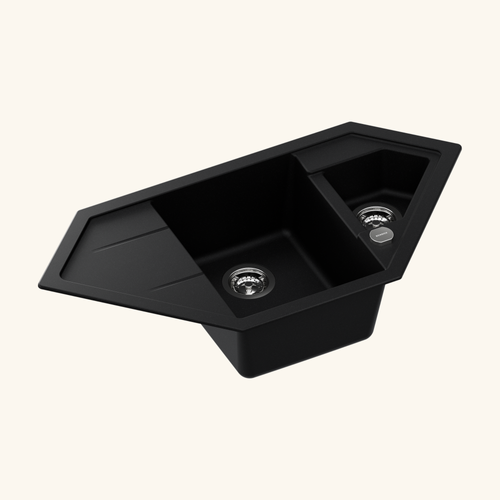 Évier D'angle Granit Noir Lokti 1 Bac Et Demi - 1 Égouttoir