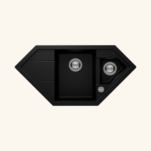 Évier D'angle Granit Noir Lokti 1 Bac Et Demi - 1 Égouttoir