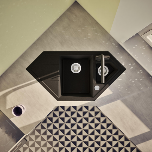 Évier D'angle Granit Noir Lokti 1 Bac Et Demi - 1 Égouttoir