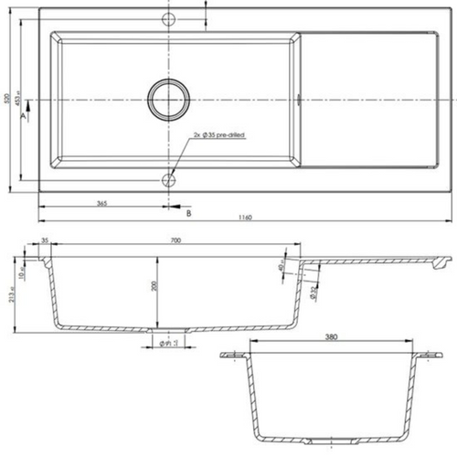 Évier Granit Noir Kümbad Yuna 1 Très Grand Bac - 1 Égouttoir