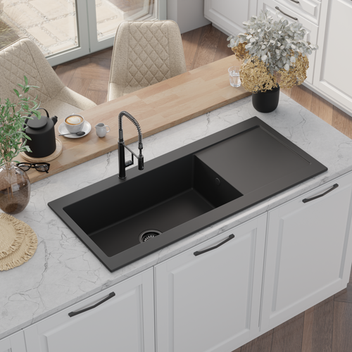 Évier Granit Noir Kümbad Yuna 1 Très Grand Bac - 1 Égouttoir