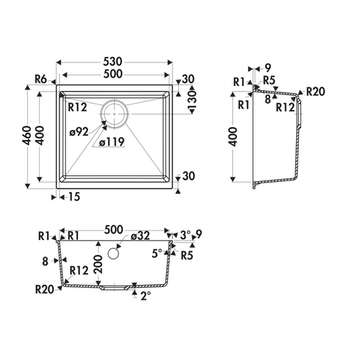 Évier Sous-plan Granit Full Noir Luisina Harmonie 1 Bac 530x460