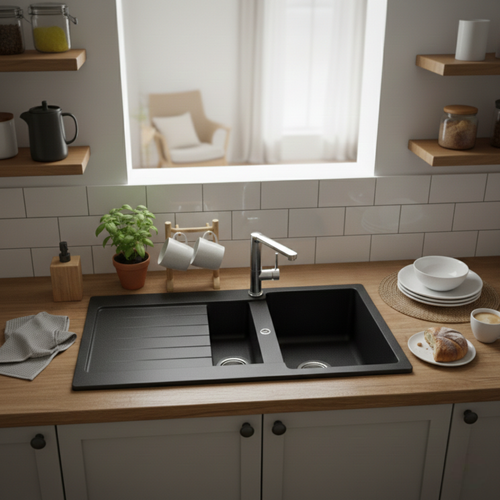 Évier Granit Noir Profond Schock LEDis 1 Bac Et Demi - 1 Égouttoir