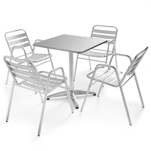 Table De Jardin Bistrot Carrée Et 4 Fauteuils En Aluminium