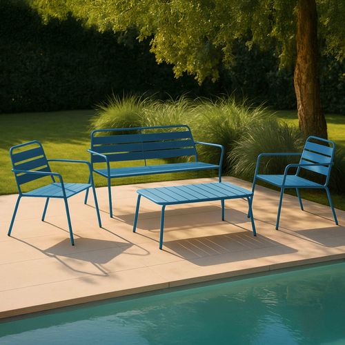 Salon De Jardin 4 Places Et 1 Table Basse En Acier Bleu Pacific Palavas