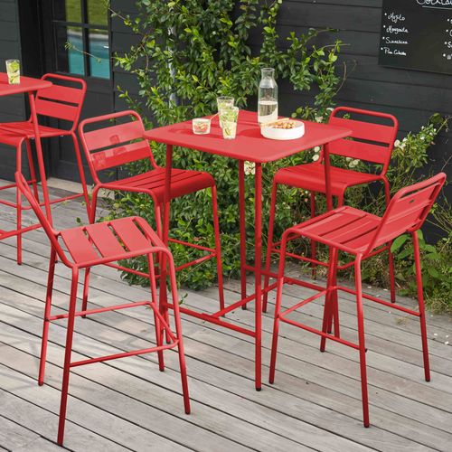 Table De Bar 70x70x105cm Et 4 Chaises Hautes 49x58x101cm, En Acier, Palavas Rouge